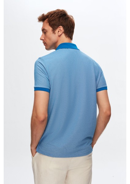 Regular Fit Saks Mavi Polo Yaka Nakışlı Pamuk Karışımlı T-Shirt 8HC14ORT52000