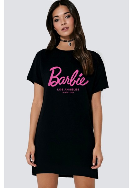 Barbie Girl Siyah Kısa Kollu Penye Kadın T-Shirt Elbise