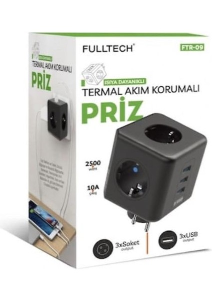 Termal Akım Korumalı Priz, Isıya Dayanıklı, Çocuk Koruması, 3'lü Duvar Tipi, 2 x USB