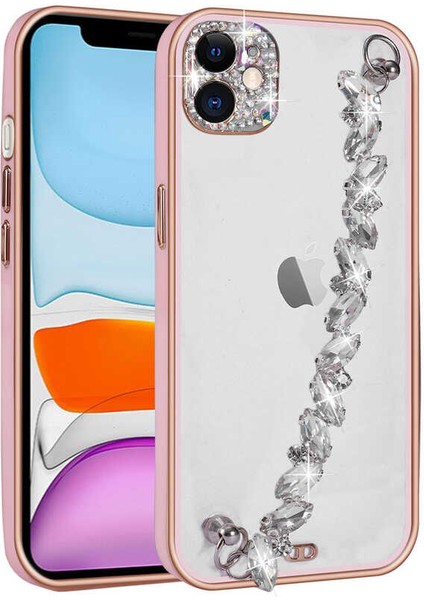 Apple iPhone 11 Kılıf Simli Taşlı Arkası Şeffaf Renkli El Tutamaçlı Askılı Silikon Kapak (Blazer)