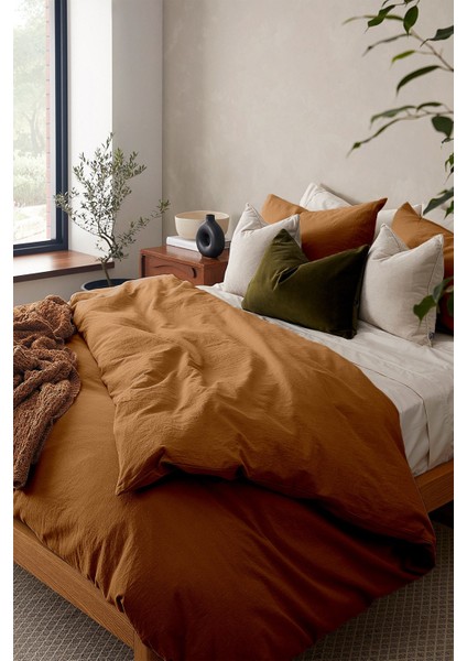 Pamuk Keten Yıkanmış Camel Renk Çift Kişilik Nevresim Yastık Seti 200X220 cm