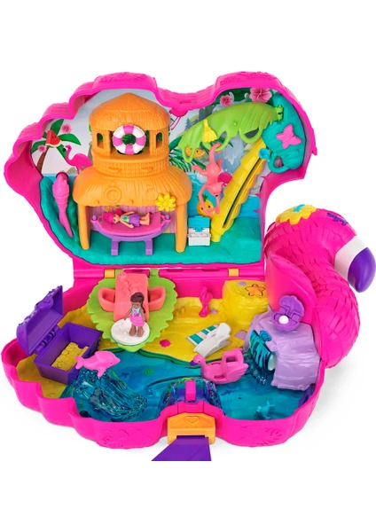 Polly Pocket Flamingo Partisi Büyük Kompakt Oyun Seti, 26 Sürpriz (Mini Margot Ve Arkadaş Bebekler Dahil), Tropik Temalı Parti Oyun Alanları, 4 Yaş Ve Üzeri Hgc41