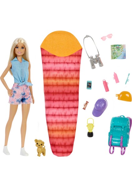 Kampa Gidiyor Oyun Seti Barbie (29 Cm, Sarışın) Ve Hayvan Dostu Yavru Köpek, Uyku Tulumu, 10 Adet Kamp Aksesuarı, 3-7 Yaş Arası Hdf73