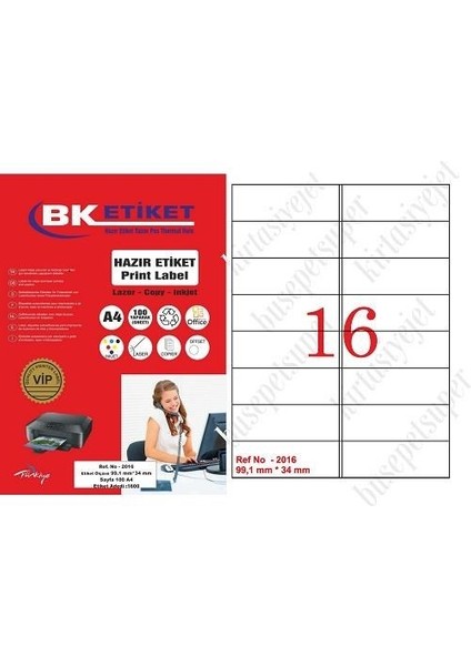 Pia Lazer Etiket TW-2016 100 A4 Sayfa Laser Etiket 99.1 x 34 mm Boyutunda 1 A4 Sayfada 16 Etiket