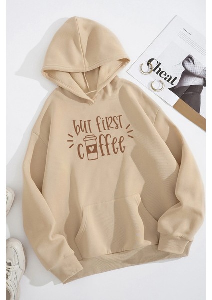 Unisex Oversize But First Coffee Baskılı Sweatshirt