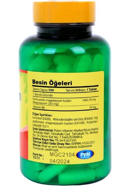 Magnezyum Sitrat 100 Tablet Vitamin B6 Vitamini Magnesium Citrate fiyatları