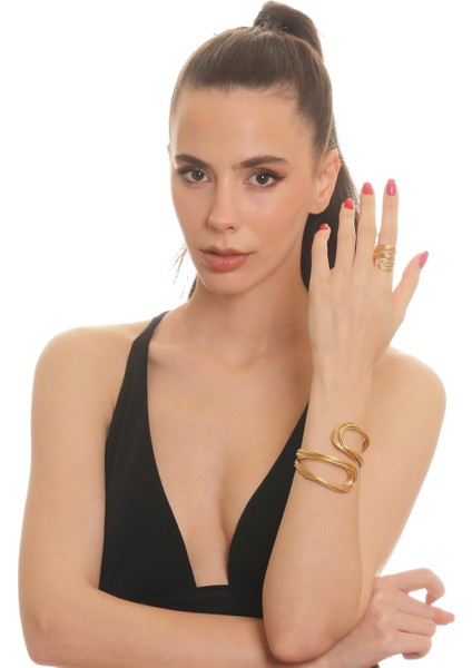 Kadın Mat Altın Kaplama Açık Bant El Yapımı Tel Sarma Bileklik & Yüzük Set fırsatları