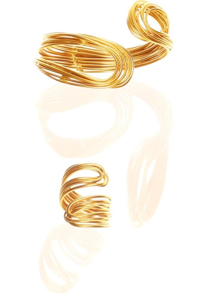 Kadın Mat Altın Kaplama Açık Bant El Yapımı Tel Sarma Bileklik & Yüzük Set indirimleri