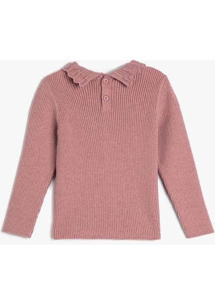 Basic Sweatshirt Dik İşlemeli Yaka Arkadan Düğmeli Uzun Kollu