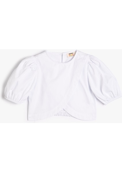 Crop Bluz Asimetrik Kesim Arkası Düğmeli Kısa Balon Kollu Pamuklu