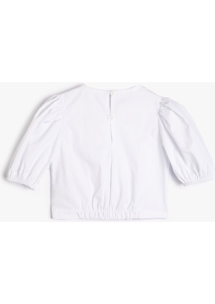 Crop Bluz Asimetrik Kesim Arkası Düğmeli Kısa Balon Kollu Pamuklu fiyatları