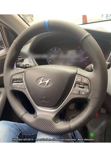 Hyundai I20 Araca Özel Direksiyon Kılıfı (Nokta Karbon Mavi Şerit)