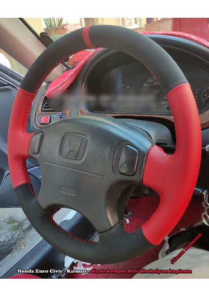 Honda Euro Civic Araca Özel Direksiyon Kılıfı (Alcantra Kırmızı Deri)