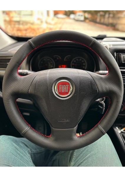 Fiat Linea Fiorino (Tuşsuz) Araca Özel Direksiyon Kılıfı (Noktalı Düz Kırmızı Dikişli)