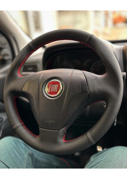 Fiat Linea Fiorino (Tuşsuz) Araca Özel Direksiyon Kılıfı (Noktalı Düz Kırmızı Dikişli)