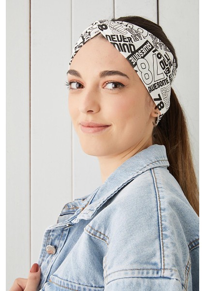 Beyaz Siyah Desenli Bandana Saç Bandı Ekstra Yumuşak Esnek Doğal Pamuklu Penye