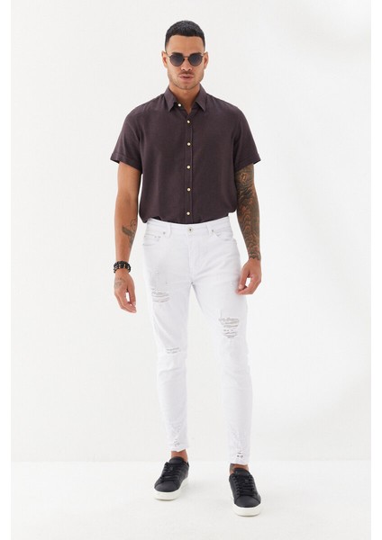 Önü Yırtık Boru Paça Düz Desen Skinny Fit Denim Uzun Pantolon Beyaz