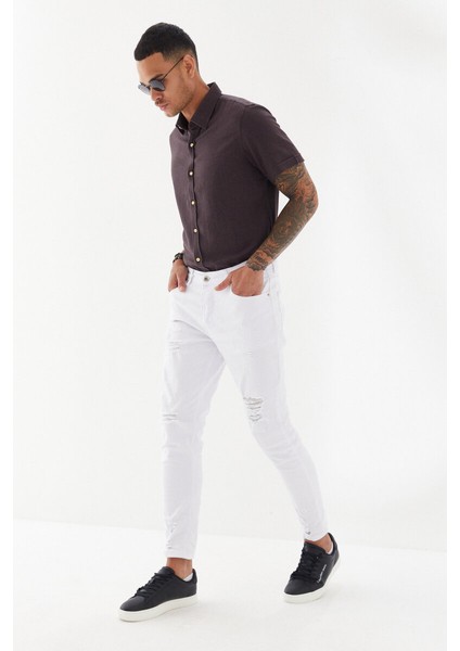 Önü Yırtık Boru Paça Düz Desen Skinny Fit Denim Uzun Pantolon Beyaz fiyatları