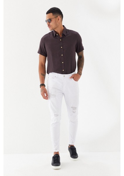 Önü Yırtık Boru Paça Düz Desen Skinny Fit Denim Uzun Pantolon Beyaz modelleri