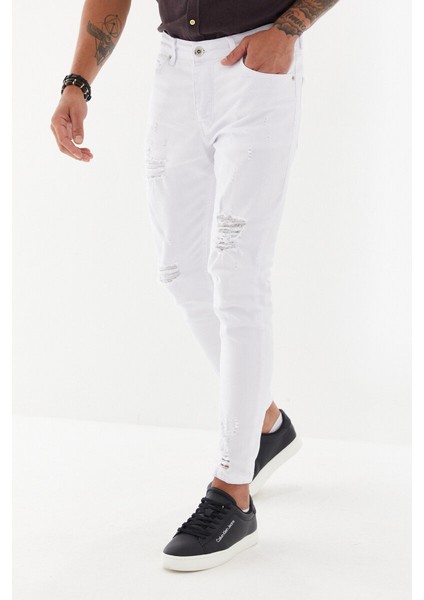 Önü Yırtık Boru Paça Düz Desen Skinny Fit Denim Uzun Pantolon Beyaz indirimleri