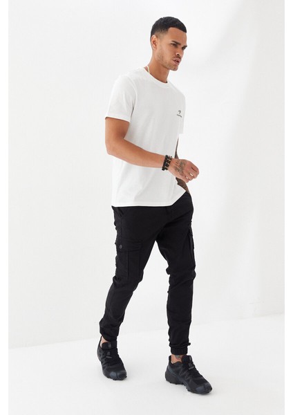 Gabardin Sıkma Paça Arkası Düğmeli Cep Kargo Stil Uzun Pantolon Siyah