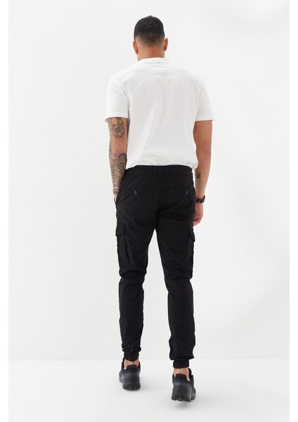 Gabardin Sıkma Paça Arkası Düğmeli Cep Kargo Stil Uzun Pantolon Siyah