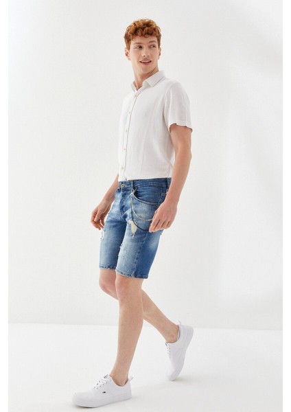 Önü Yırtık Zincirli Boru Paça Dizüstü Skinny Fit Denim Kısa Pantolon Mavi