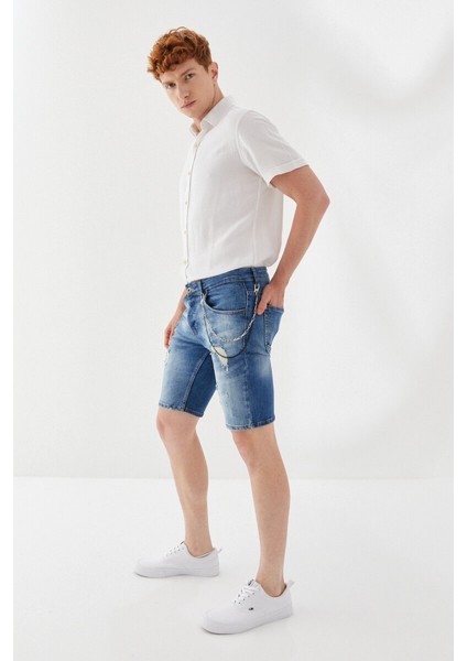 Önü Yırtık Zincirli Boru Paça Dizüstü Skinny Fit Denim Kısa Pantolon Mavi fiyatları