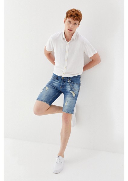 Önü Yırtık Zincirli Boru Paça Dizüstü Skinny Fit Denim Kısa Pantolon Mavi modelleri