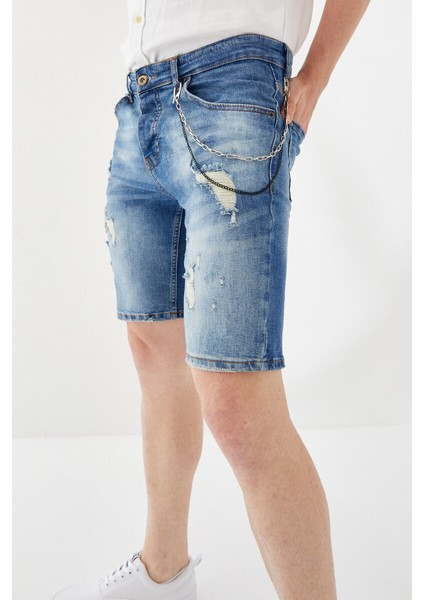 Önü Yırtık Zincirli Boru Paça Dizüstü Skinny Fit Denim Kısa Pantolon Mavi indirimleri