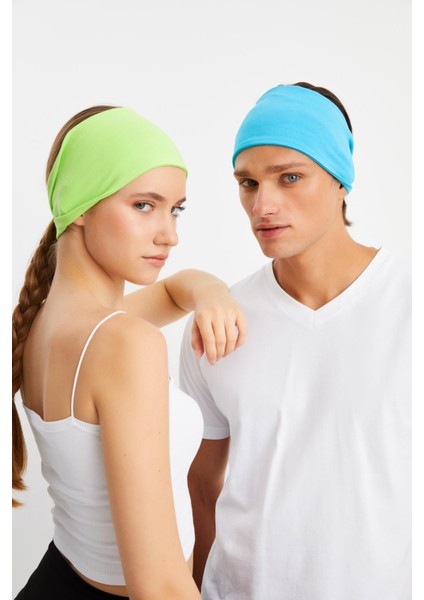 Yeşil-Aqua 2'li Çift Taraflı Kullanım Alternatifli, Pamuklu Penye, Kaymaz, Hafif, Spor Saç Bandı Bandana
