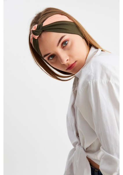 Haki-Pudra Kadın Fenomen Style Pamuklu Penye, Kaymaz, Yumuşak, Esnek, Saç Bandı Bandana