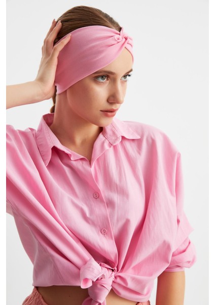 Pembe Kadın Çapraz Bağlamalı Pamuklu Penye, Kaymaz, Yumuşak, Esnek, Saç Bandı Bandana