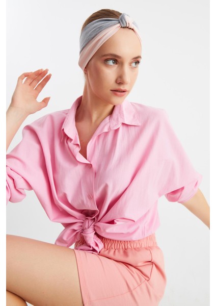 Gri-Pudra Kadın Fenomen Style Pamuklu Penye, Kaymaz, Yumuşak, Esnek, Saç Bandı Bandana