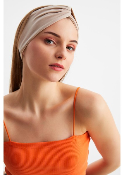 Bej-Beyaz Kadın Trend Style Pamuklu Penye, Kaymaz, Yumuşak, Esnek, Saç Bandı Bandana