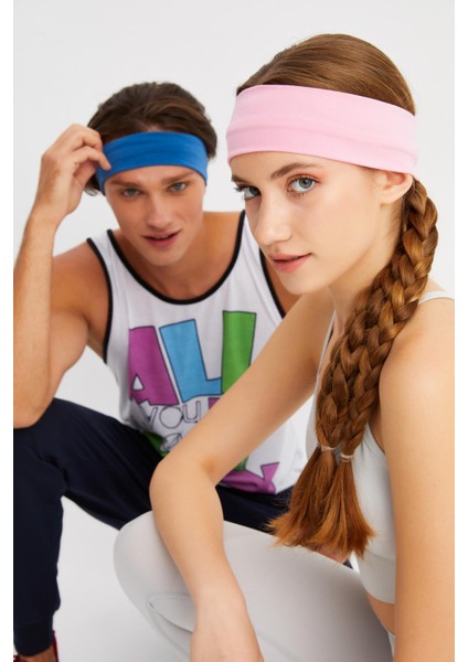 Pembe-Mavi 2'li Pamuklu Penye, Kaymaz, Terletmez, Ultra Hafif, Spor Saç Bandı Bandana