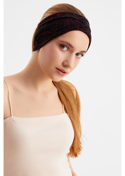 Siyah-Kırmızı Kadın Çift Taraflı Kullanım Alternatifli, Pamuklu Penye, Kaymaz, Hafif, Spor Saç Bandı Bandana