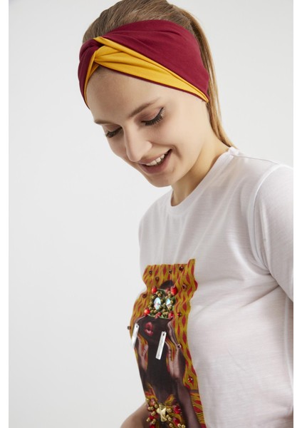 Hardal-Vişne Butik Tasarım Kadın Bandana Saç Bandı, Ekstra Yumuşak, Esnek, Doğal, Pamuklu Penye