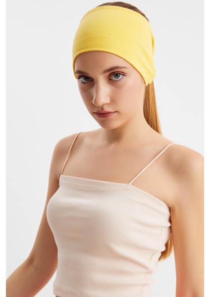 Sarı Kadın Çift Taraflı Kullanım Alternatifli, Pamuklu Penye, Kaymaz, Hafif, Spor Saç Bandı Bandana