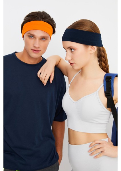 Turuncu-Lacivert 2'li Pamuklu Penye, Kaymaz, Terletmez, Ultra Hafif, Spor Saç Bandı Bandana
