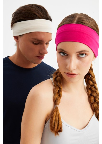 Fuşya-Beyaz 2'li Pamuklu Penye, Kaymaz, Terletmez, Ultra Hafif, Spor Saç Bandı Bandana