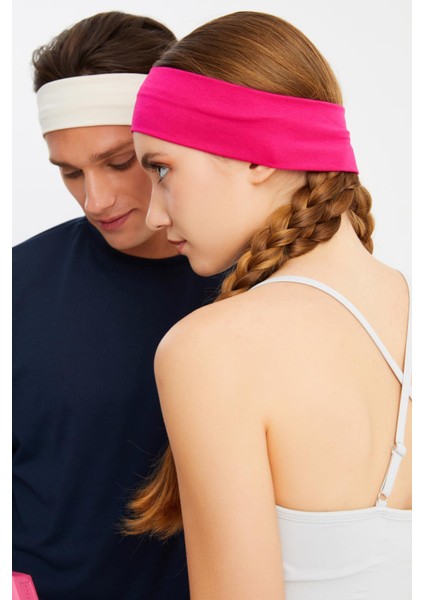 Fuşya-Beyaz 2'li Pamuklu Penye, Kaymaz, Terletmez, Ultra Hafif, Spor Saç Bandı Bandana fiyatları