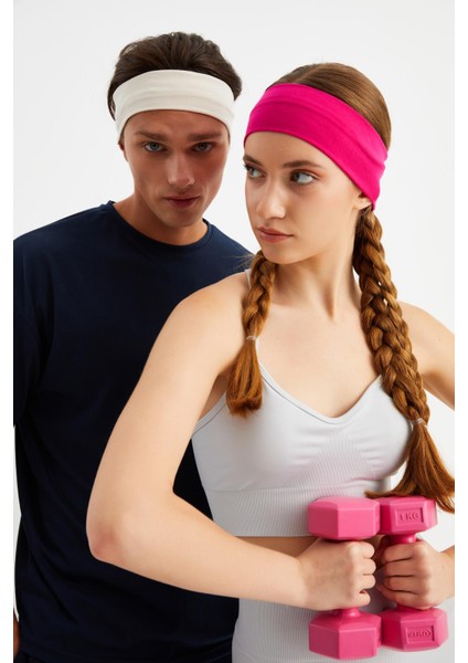 Fuşya-Beyaz 2'li Pamuklu Penye, Kaymaz, Terletmez, Ultra Hafif, Spor Saç Bandı Bandana fırsatları