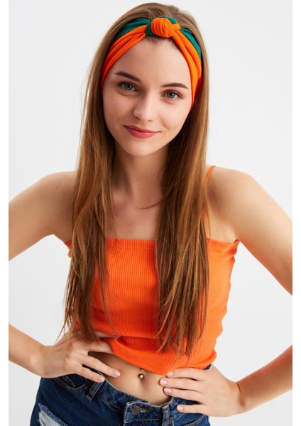Turuncu-Haki Kadın Fenomen Style Pamuklu Penye, Kaymaz, Yumuşak, Esnek, Saç Bandı Bandana