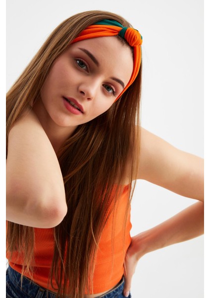 Turuncu-Haki Kadın Fenomen Style Pamuklu Penye, Kaymaz, Yumuşak, Esnek, Saç Bandı Bandana modelleri