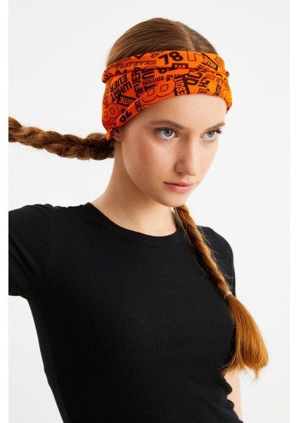 Turuncu Kadın Çift Taraflı Kullanım Alternatifli, Pamuklu Penye, Kaymaz, Hafif, Spor Saç Bandı Bandana