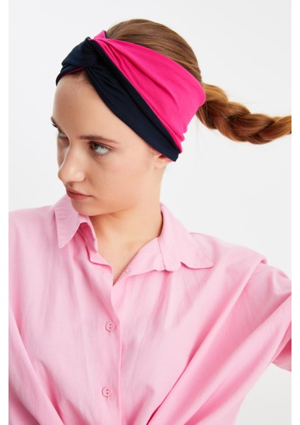 Fuşya-Lacivert Kadın Trend Style Pamuklu Penye, Kaymaz, Yumuşak, Esnek, Saç Bandı Bandana