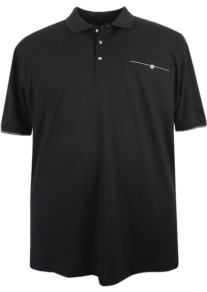 Büyük Beden Polo Yaka Tişört Cepli Pike Siyah