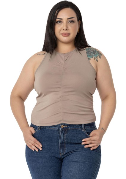 Büyük Beden Önü ve Yanları Drapeli Halter Yaka Vizon Body