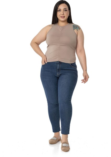 Büyük Beden Önü ve Yanları Drapeli Halter Yaka Vizon Body fiyatları
